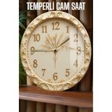 kutuTR Krem Altın Motifli 3D Görünümlü Temperli Cam Saat – 33 cm CSDW176