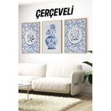 Kututr Mavi Çiçek Desenli Allah Ve Muhammed Yazılı 3’Lü Çerçeveli Tablo Seti Crv1186,Çerçeveli Crv1186 23 X 32