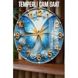 Kututr Mavi Kelebek Desenli Temperli Cam Duvar Saati – 33 Cm Csdw451,Csdw451 X