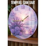 kutuTR Mor Çiçekli & Ayıcık Figürlü Temperli Cam Duvar Saati 33 cm, CSDW458