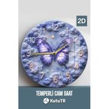 kutuTR Mor Kelebek Temalı Temperli Cam Saat – 33x33 cm CSDW009