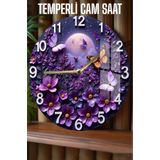 kutuTR Mor Kelebek ve Çiçek Tasarımlı Temperli Cam Duvar Saati – 33x33 cm UV Baskı CSDW459