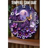 Kututr Mor Kelebek Ve Çiçek Tasarımlı Temperli Cam Duvar Saati – 33X33 Cm Uv Baskı Csdw459,Csdw459 33 X