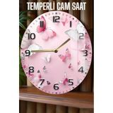 kutuTR Pembe Kelebek Desenli 3D Görünümlü Temperli Cam Saat – 33 cm CSDW393