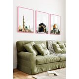 KutuTR Pembe Renk Ahşap Çerçeveli 2duv Baskı 3’lü Mdf Tablo–kabe Kudüs Temalı Dekoratif Set-Pembe CRV1237 - 32 x 42