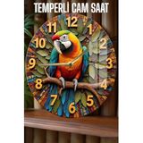 kutuTR Renkli Papağan Temalı 3D Görünümlü Temperli Cam Saat – 33 cm CSDW105