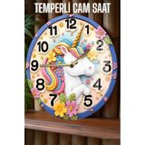 kutuTR Renkli Unicorn Tasarımlı Tasarım 3D Görünümlü Temperli Cam Saat – 33 cm CSDW162