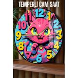 kutuTR Renkli ve Eğlenceli Kedi Tasarımı 3D Görünümlü Temperli Cam Saat – 33 cm CSDW112