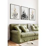 KutuTR Siyah Çerçeveli 2d Uv Baskı 3’lü Mdf Tablo Set – Islami Hat Yazısı ve Cami Mimarisi -Siyah CRV1092 - 23 x 32