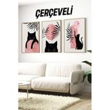 Kututr Siyah Kedili Pembe Güneş Temalı 3'Lü Çerçeveli Tablo Seti Crv1035,Çerçeveli Crv1035 42 X 62