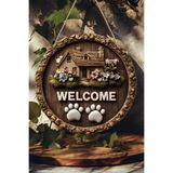 kutuTR 🐾 WELCOME – Pati İzi ve Bahçeli Ev Temalı UV BASKI 3D GÖRÜNÜMLÜ MDF Kapı Süsü 33cm 🌸 KS006