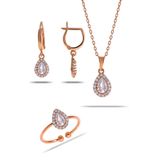 Kuvars Taşlı Damla Mini Rose Gümüş Set 2301