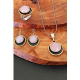 Kuvars Taşlı Set Otantik Gümüş Üçlü Set Yüzük Küpe ve Kolye Ucu Seti SET-439 10 Pembe