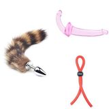 Kuyruklu Anal Tıkaç Küçük + Askısız Çift Uçlu Dildo + Penis Halkası Kement Stili