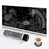 KuZaiALi Siyah Japon Kanagawa Boyama Mouse Pad (Bouns: Bardak Altlığı+Çanta) 31,5 x 11,8 inç 3 mm Kalınlığında Genişletilmiş Oyun Fare Altlığı Çalışma, Oyun, Evde Ofis için Kaymaz Su Geçirmez Klavye Pedi