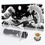 KuZaiALi Siyah ve Beyaz Japon Kanagawa Boyama Mouse Pad (Bouns: bardak altlığı+Çanta) 31,5 x 11,8 inç 3 mm Kalın Genişletilmiş Oyun Fare Altlığı Çalışma, Oyun, Evde Ofis için Kaymaz Su Geçirmez Klavye
