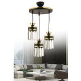 KUZEY AYDINLATMA Eylül 3lü Sarkıt Kristal Taşlı Tepsi Siyah Sarı Yaldızlı Modern Lüks Salon Avizesi