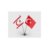 Kuzey Kıbrıs Türk Cumhuriyeti ve Türk Bayrağı Ikili Saten Masa Bayrağı Takımı