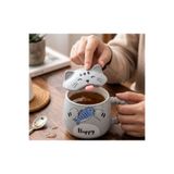 Kuzey Tacı Kedi Figürlü Kapaklı Seramik Kupa 3D Detaylı Kaşıklı Özel Karakter Temalı Kahve ve Süt Bardağı