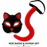 Kuzgun Ticaret Kırmızı Kedi Maske ve Kuyruk Seti Parti Kostüm Aksesuarı