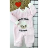 Kuzu Tüylü Kumaş Annesinin Kuzusu Nakışlı Alttan Çıtçıtlı Kız Erkek Bebek Tulumu - Pembe - 3 Ay