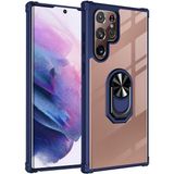 Kvy Samsung Galaxy S22 Ultra Tam Korumalı Yüzüklü Renkli Kenarlı Manyetik Mola Kılıf Ekran Koruyucu - Lacivert