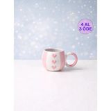 KYA CERA Pembe Şeritli Pembe Kalp Kabartmalı Tekli El Yapımı Kupa - 1 Adet - 200 ml