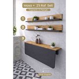 Kydonia Home 60x90 Katlanır Duvara Monte Masa Ve 2 Adet 15x90 Raf Seti Antrasit ve Çam Desen Oval Köşeli Çok Renkli