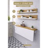 Kydonia Home 60x90 Katlanır Duvara Monte Masa ve 2 Adet 15x90 Raf Seti Beyaz & Çam Desen Oval Köşeli