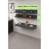 Kydonia Home Duvara Monte Kırma Katlanır Mutfak Masası ve 2’li Raf Seti 60X110 cm - Antrasit - 60 x 110 cm