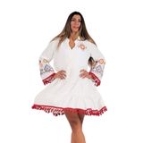 KYF STYLE Kadın Beyaz V Yaka İspanyol Kol Nakışlı Püsküllü Kısa Elbise