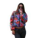 KYF STYLE Kadın Mavi Dik Yaka Çiçekli Kısa Şişme Mont