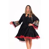 KYF STYLE Kadın Siyah V Yaka İspanyol Kol Nakışlı Püsküllü Kısa Elbise