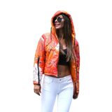 KYF STYLE Kadın Turuncu Desenli Kapüşonlu Kolları Fermuarlı Kısa Şişme Mont