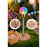 Kyrotech Premium Paslanmaz Çelik Solar Bahçe Lambası, Aurora Efektli Kristal Cam Küre, Fotoselli RGB ve Beyaz Led Işık, Güneş Enerjili, Su Geçirmez, Dekoratif Peyzaj Aydınlatması, Taş Ve Deniz Kabuğu Hediyeli