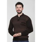 Kzc Tekstil Erkek Baba Orta Yaş ve Üzeri Triko Örgü Akrilik Kışlık Regular Fit Cepli Fermuarlı Polo Yaka Kazak - Kahverengi