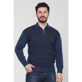Kzc Tekstil Erkek Baba Orta Yaş ve Üzeri Triko Örgü Akrilik Kışlık Regular Fit Cepli Fermuarlı Polo Yaka Kazak - Mavi - XL