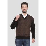 Kzc Tekstil Erkek Baba Orta Yaş ve Üzeri Triko Örgü Baklava Çizgi Desenli Akrilik Kışlık Baba V Yaka Kazak - Kahverengi - XL