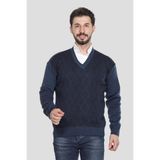 Kzc Tekstil Erkek Baba Orta Yaş ve Üzeri Triko Örgü Baklava Çizgi Desenli Akrilik Kışlık Baba V Yaka Kazak - Mavi - XL