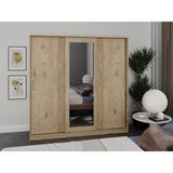 Kzn Home 3 Kapaklı Sürgülü Aynalı Tamamı Meşe Mdf Gardrop