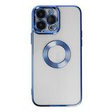 KZY İletişim Apple iPhone 14 Pro ile Uyumlu ile uyumlu Kapak Yanları Renkli Lens Korumalı Logo Gösteren Şeffaf Luxury Kılıf - Mavi