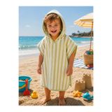 L' Atelier MiDuMi Yeşil Çizgili, Unisex, Çocuk, Havlu Panço / Kapüşonlu, Plaj, Havuz, Banyo Pançosu (Su Geçirmez Organizer Hediyeli)