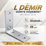 L Demir Gönye Köşebent 20X60x60 Mm 25 Adet Metal Mobilya Raf Dolap Köşe Sabitleme Birleştirme Bağlantı Aparatı