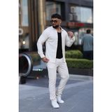 L-KOM Çizgili Slim Fit 2li Takım (Gömlek & Pantolon) - Pamuklu Rahat Takım Elbise - Krem - XL