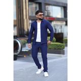 L-KOM Çizgili Slim Fit 2li Takım (Gömlek & Pantolon) - Pamuklu Rahat Takım Elbise - Saks Mavi - 2XL