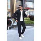 L-KOM Çizgili Slim Fit 2li Takım (Gömlek & Pantolon) - Pamuklu Rahat Takım Elbise - Siyah - 2XL