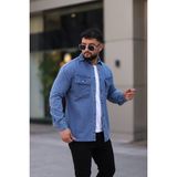L-KOM Erkek Kot Gömlek Rahat Kalıp, Çift Cepli, Düğmeli Denim Gömlek - 2XL - Mavi
