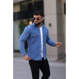 L-KOM Erkek Kot Gömlek Rahat Kalıp, Çift Cepli, Düğmeli Denim Gömlek - Mavi