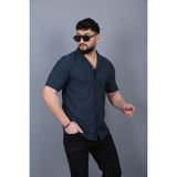 L-KOM Erkek Müslin Likralı Gömlek Kısa Kollu Pamuklu Yazlık Rahat Kalıp - Lacivert - 2XL