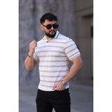 L-KOM Erkek Polo Yaka Çizgili Triko T-Shirt - Beyaz - Bej - 2XL